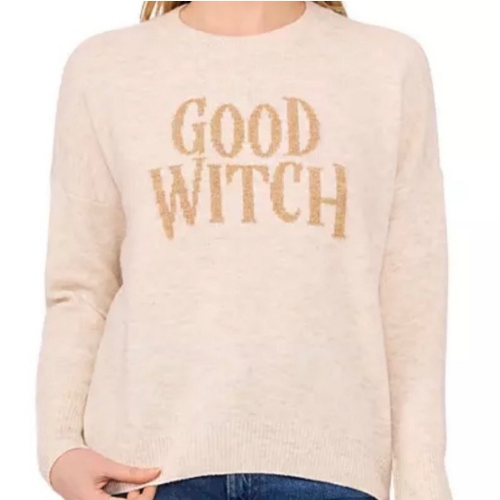 Vince Camuto Cream Crewneck Sweater with Gold 'GOOD WITCH' Graphic